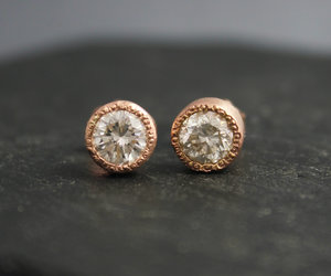 14k Rose Gold Moissanite Stud Earrings, Bezel Set Stud Earrings, Textured Bezel, Bridesmaid Earrings, Anniversary, Made to Order