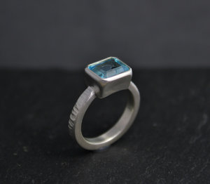 East to West Blue Topaz Ring, Emerald Cut Topaz, Sterling Silver Textured Shank, Blue Topaz Solitaire, Cocktail Ring, Ready to Ship Size 6