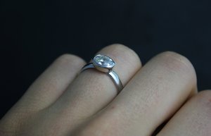 Oval Moissanite Ring, bezel 14k white gold, 7 x 5 mm Sideways, Vintage Inspired, Recycled , Made to order
