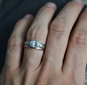 Oval Moissanite Ring, bezel 14k white gold, 7 x 5 mm Sideways, Vintage Inspired, Recycled , Made to order