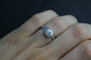 Oval Moissanite Ring, bezel 14k white gold, 7 x 5 mm Sideways, Vintage Inspired, Recycled , Made to order