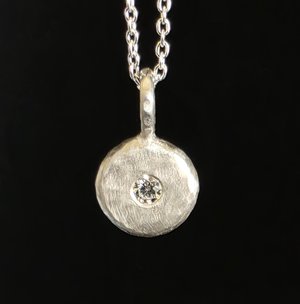 Sterling Silver Diamond Coin Pebble Necklace, Handmade Silver Pendant, Silver Diamond Disc Pendant, Ready to Ship Neckwear