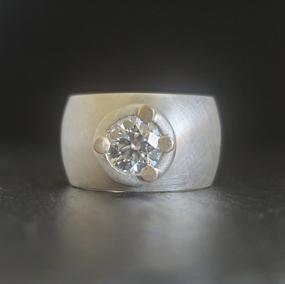 Sterling silver 14kt gold Moissanite wide band ring Statement Ring, engagement r