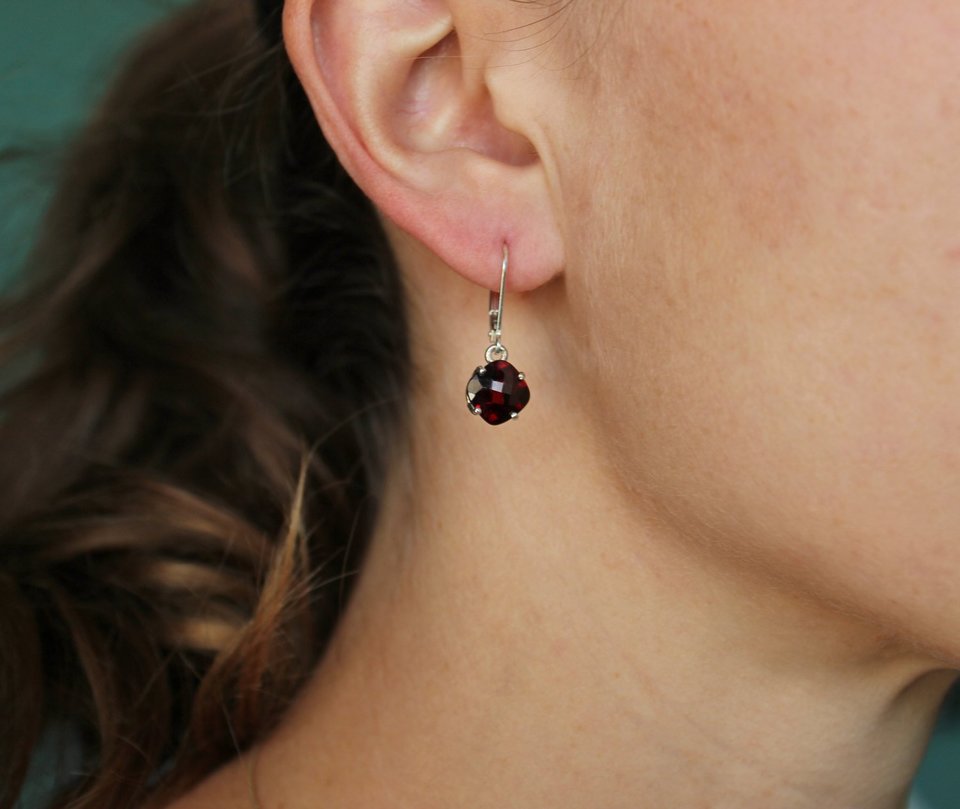 Cushion Cut Garnet Dangle Earrings, Sterling Silver Garnet Earrings, Leverback, 8mm Cushion Cut, January Birthstone, Ready to Ship Earrings