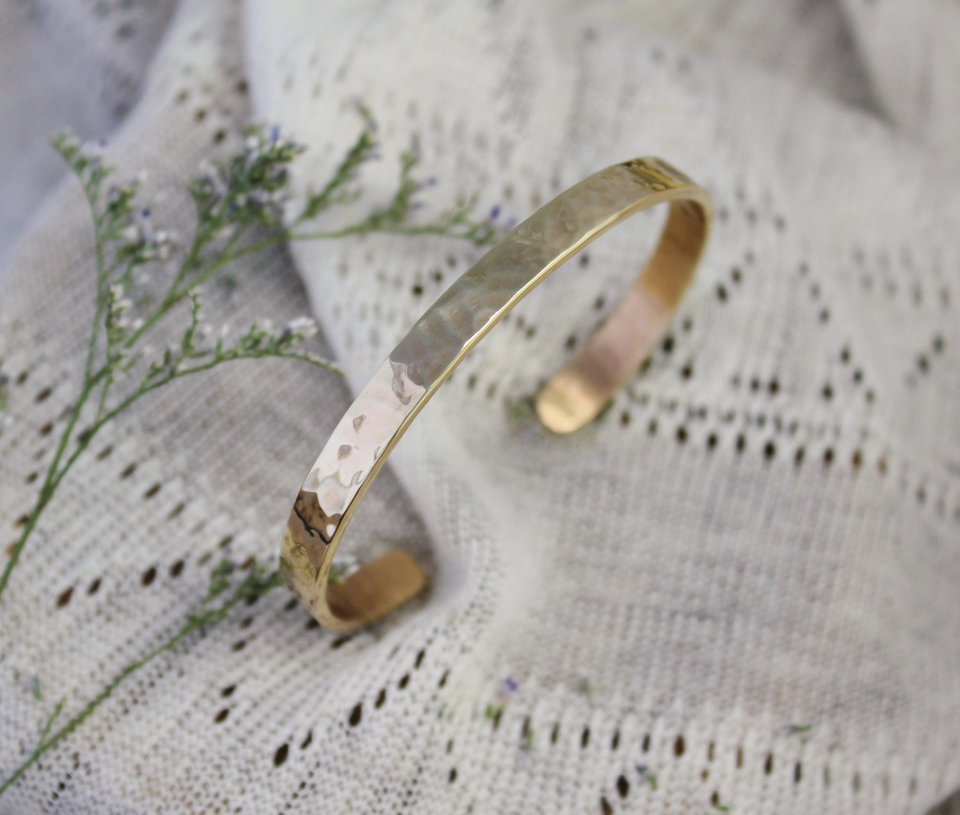 Hammered Yellow Gold Cuff Bracelet, Handmade Yellow Gold Bracelet, Solid 14k Yellow Gold Cuff Bracelet, 5.5mm Wide, Ready to Ship