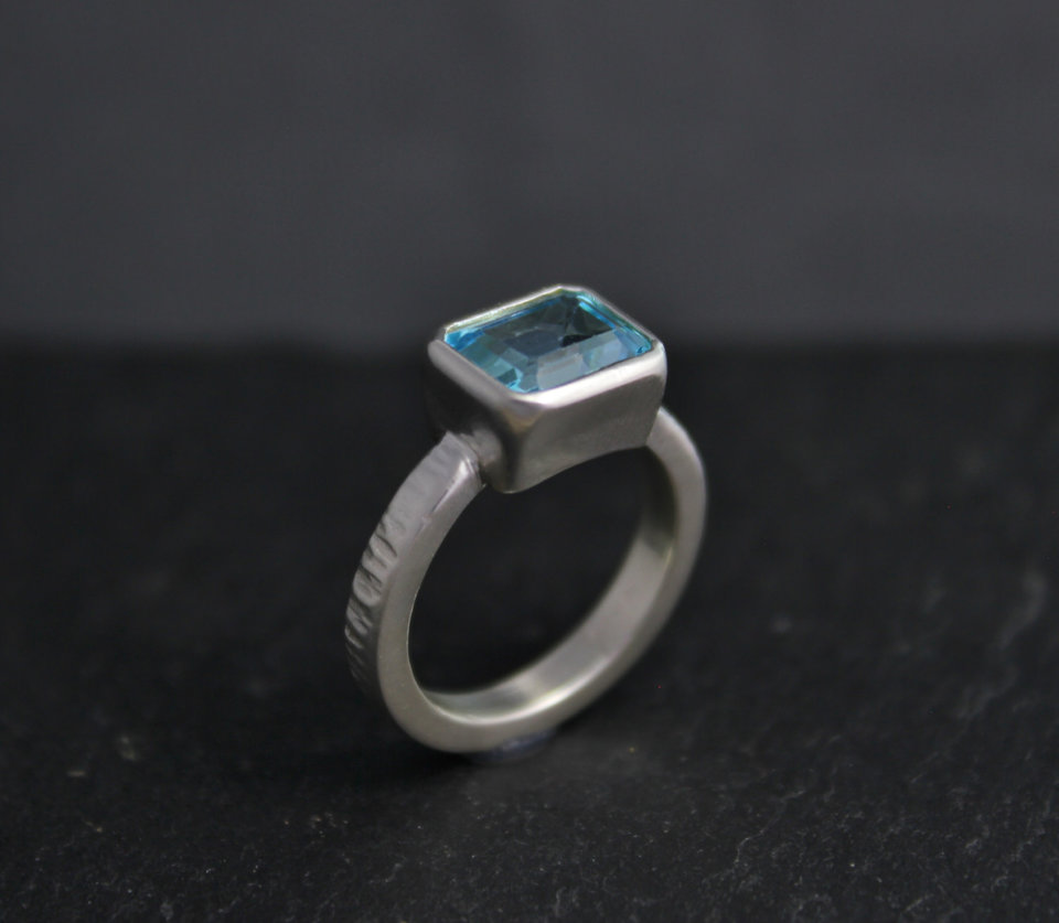East to West Blue Topaz Ring, Emerald Cut Topaz, Sterling Silver Textured Shank, Blue Topaz Solitaire, Cocktail Ring, Ready to Ship Size 6