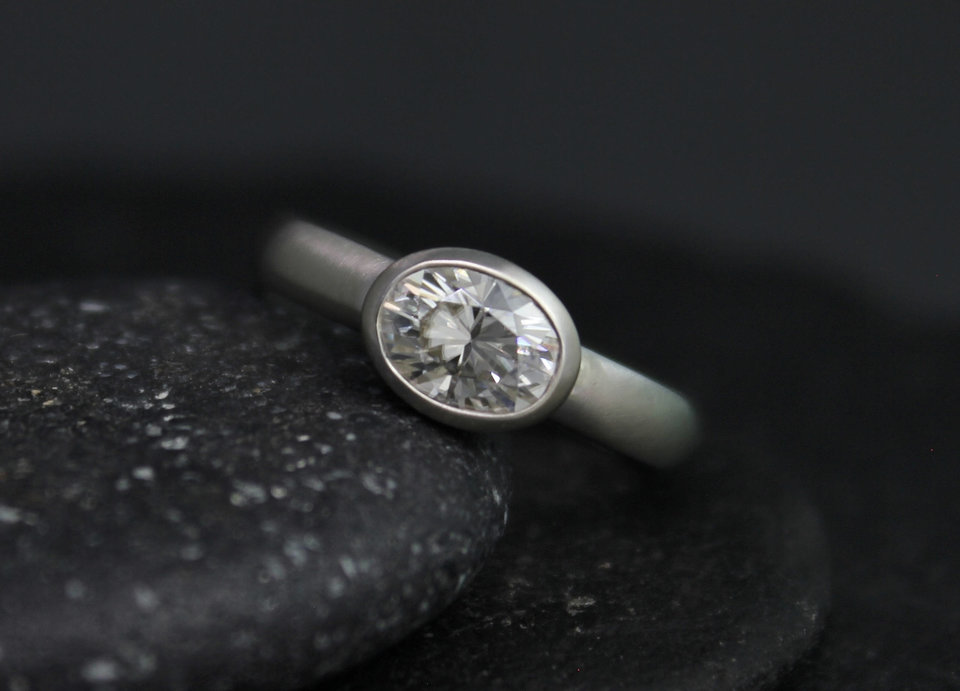 Oval Moissanite Ring, bezel 14k white gold, 7 x 5 mm Sideways, Vintage Inspired, Recycled , Made to order