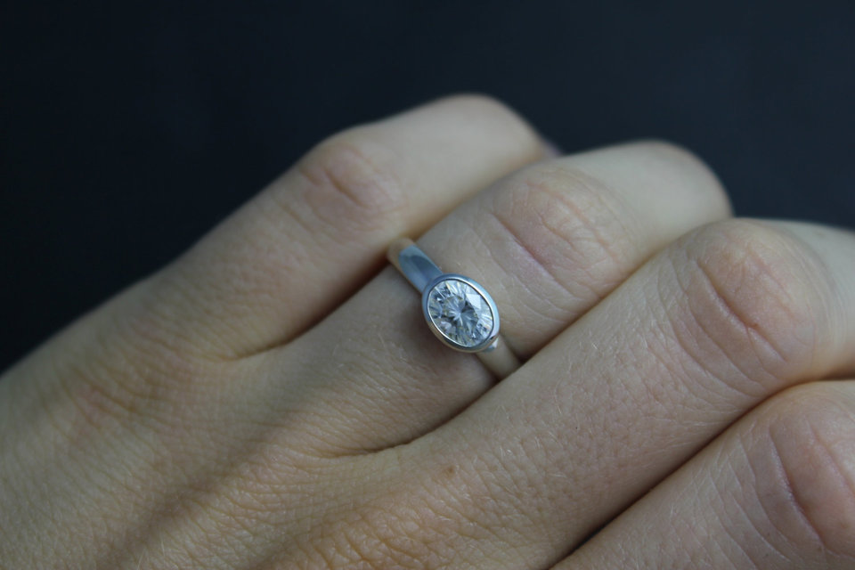 Oval Moissanite Ring, bezel 14k white gold, 7 x 5 mm Sideways, Vintage Inspired, Recycled , Made to order