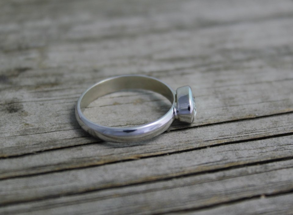 Oval Moissanite Ring, bezel 14k white gold, 7 x 5 mm Sideways, Vintage Inspired, Recycled , Made to order