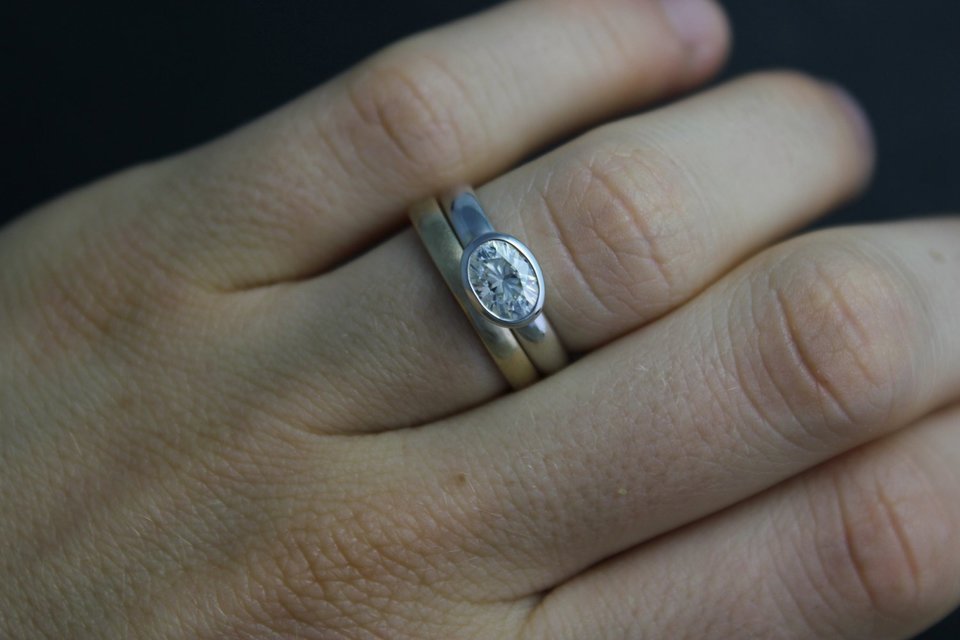 Oval Moissanite Ring, bezel 14k white gold, 7 x 5 mm Sideways, Vintage Inspired, Recycled , Made to order