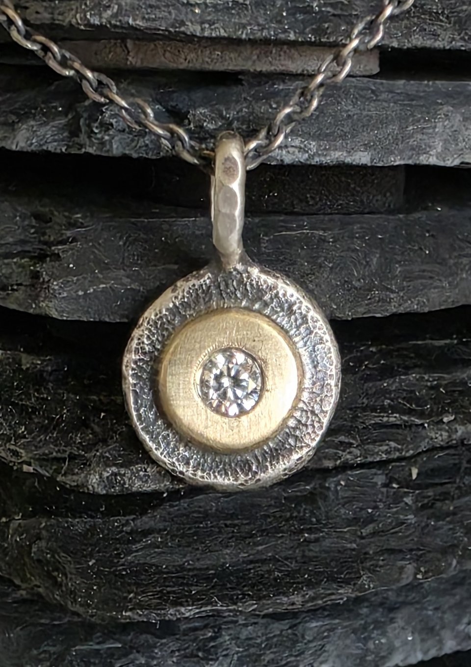 Diamond Coin Pebble Necklace, 14k Yellow Gold silver Diamond Pendant, Conflict Free Eco Friendly Gold Necklace, Ready to Ship Neckwear 2tone